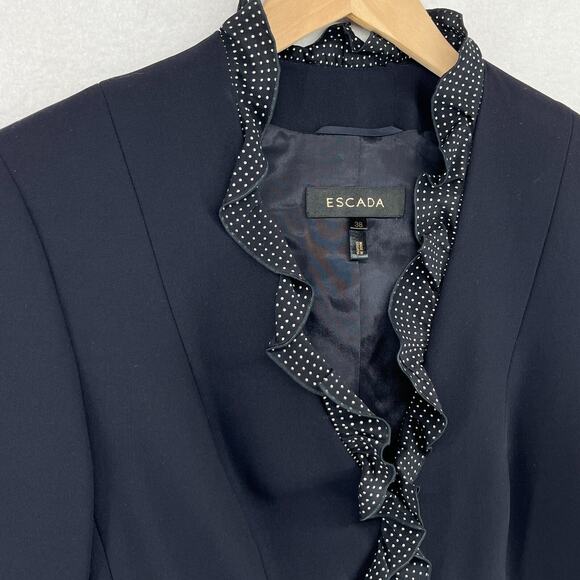 ESCADA Blazer Womens 38 Stretch Wool Twill Polka Dot Ruffle Trim Jacket Black - Picture 7 of 16